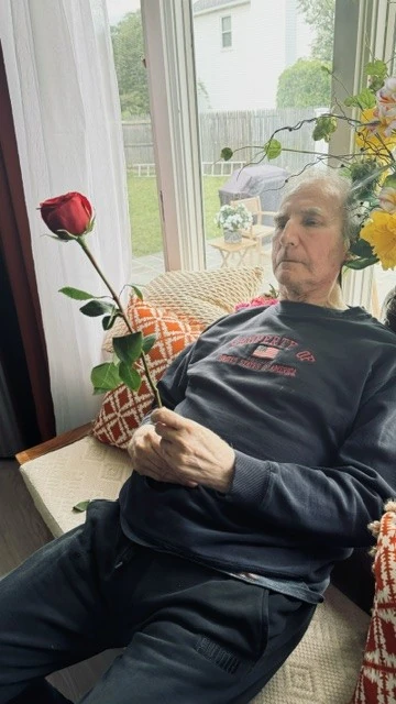 An older man sits by a window holding a single red rose, looking at it thoughtfully in a calm home environment.