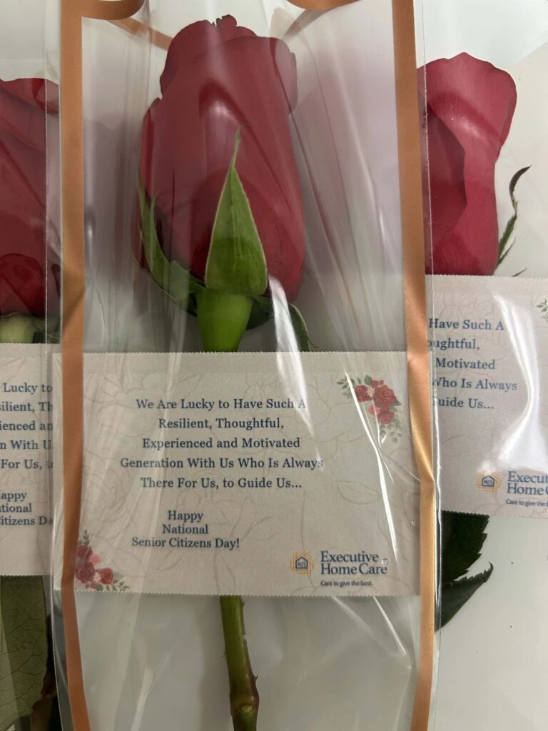 Close-up of a single red rose wrapped with a message card honoring seniors, highlighting appreciation and gratitude.